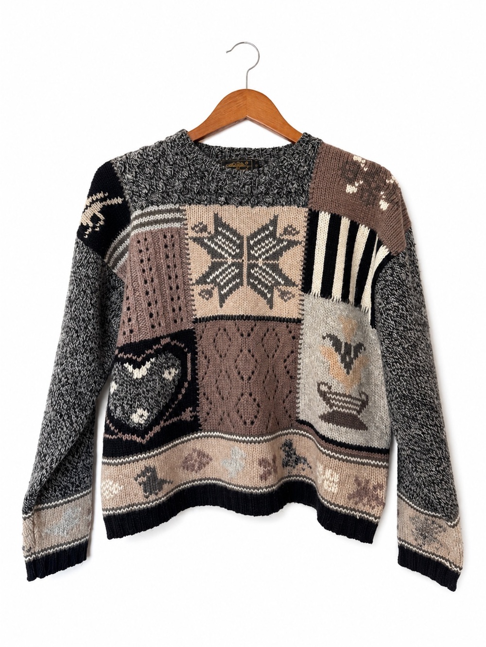 Vintage 90s Eddie Bauer Neutral Patchwork Crewneck Sweater in Gray, Taupe, Black